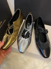 手作りの羊皮革製レトロフレンチスタイルマリージェーンシューズ【金銀色・低ヒール・ひも付き・プリーツデザイン】