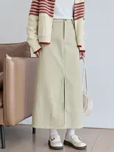 カーキ色コーデュロイハイウエストAラインスカート【秋冬用・加毛・厚手】（セットアップ対応）