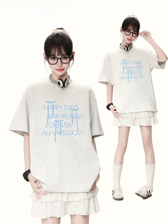 可愛いリボン＆アルファベットプリントのコットン半袖Tシャツ【夏用・ゆったりシルエット】