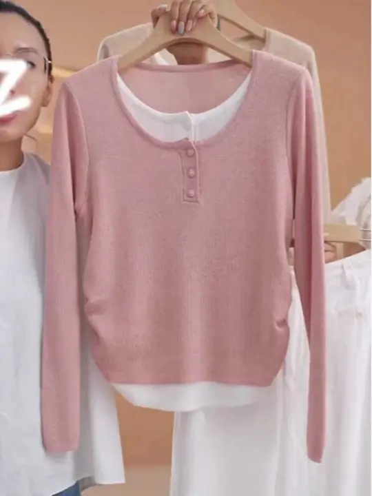 デザイン性のあるニットトップス【春用・ピンク・レイヤード風】