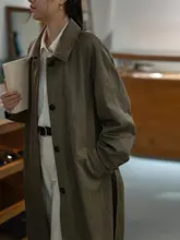 山屿牧玛 カーキ色 中長丈トレンチコート【春秋用・ルーズフィット・レディース】