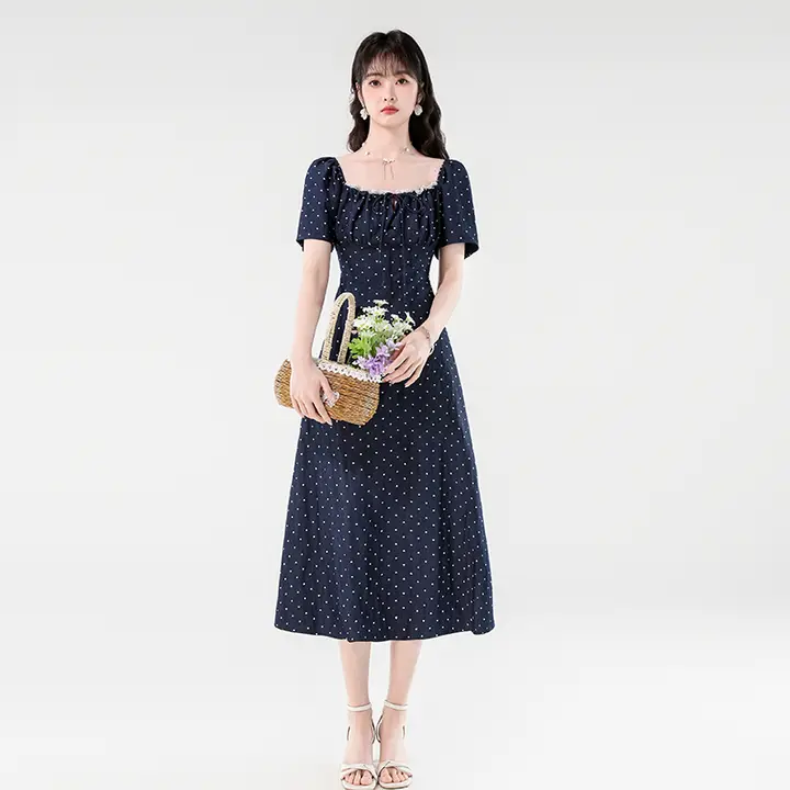 レース付きフレンチスタイルのリボンデザインドレス【夏用・薄手・ドレープ感】