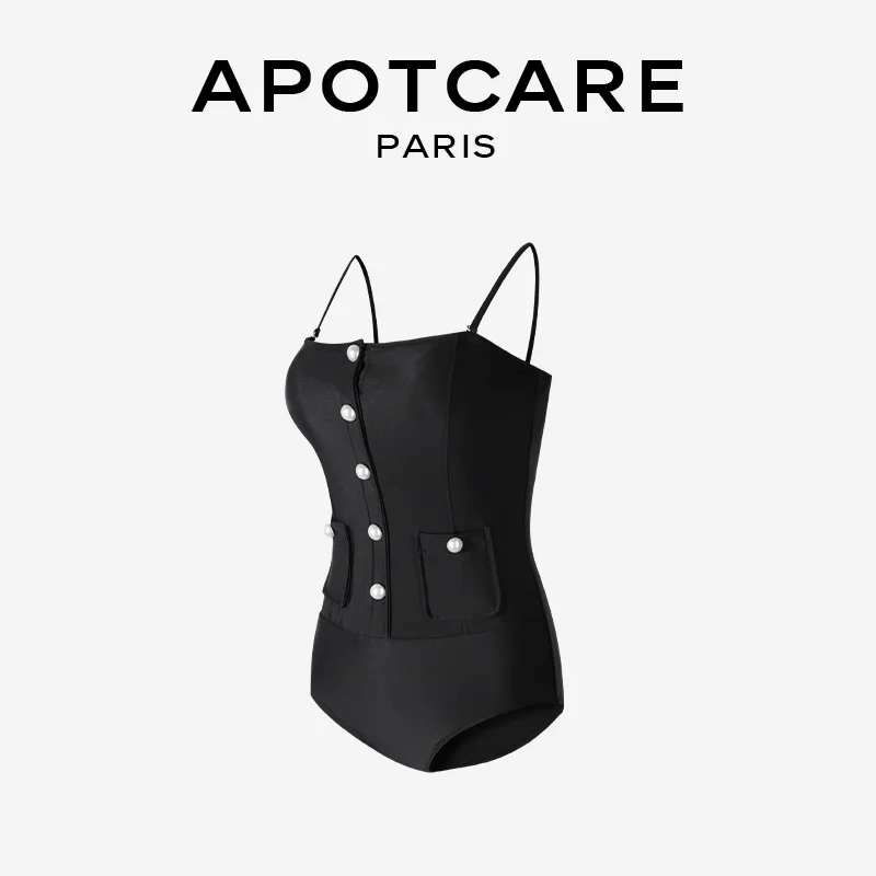 APOTCARE 洗練されたデザイン！パールボタン付きチューブトップワンピース水着【体型カバー・極上の柔らかさ】