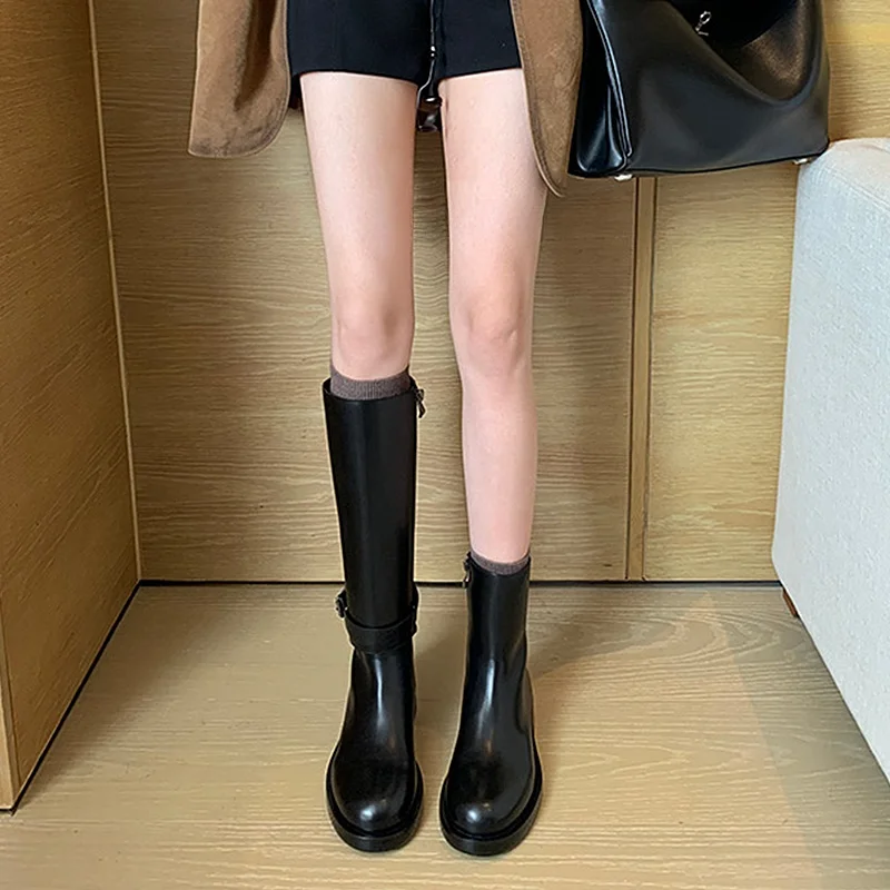 本革ロングブーツ【秋冬用・厚底・膝下丈・ブラック・ライダースデザイン】
