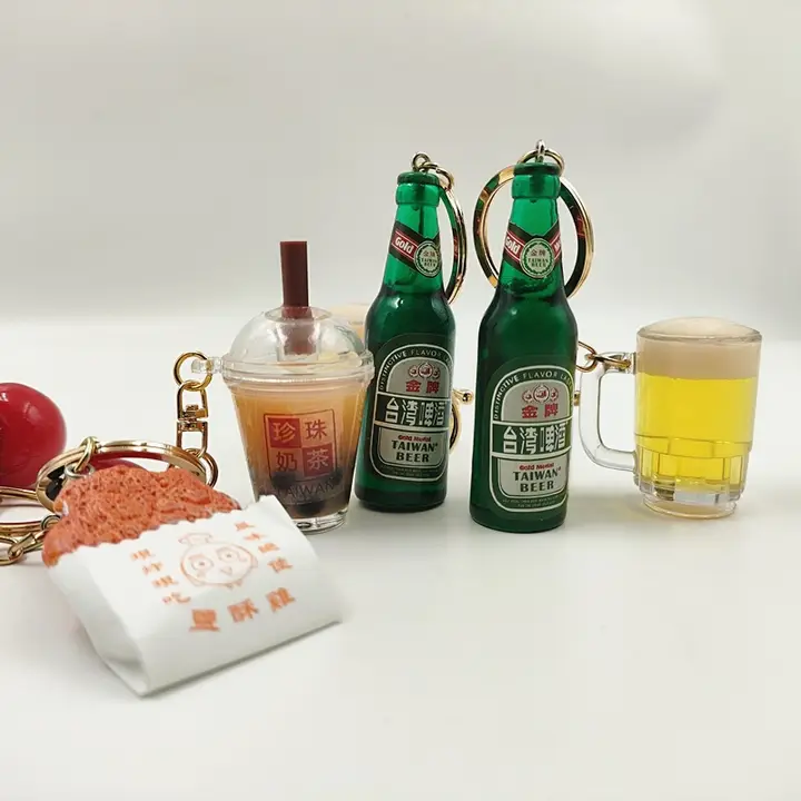 台湾風タピオカミルクティーと鶏排デザインのキーホルダー【ミニチュードフード・ビールのオイル入りストラップ】