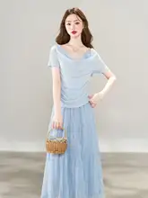 セットアップ 2点セット レディース トップス チュールスカート ドレープネック 半袖 ブルー きれいめ 上品 初夏