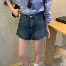 ハイウエストデニムショートパンツ【韓国風・レトロデザイン・春夏用】（セットアップ対応）