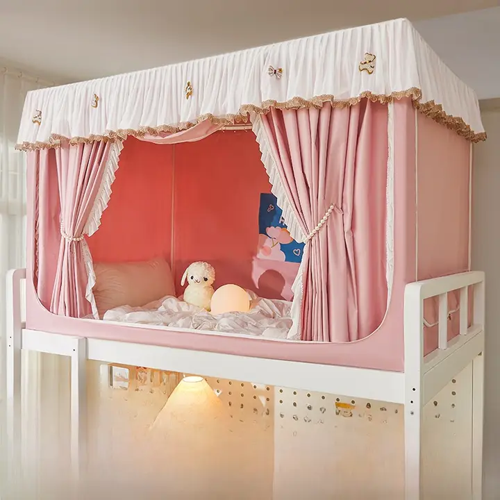 強力遮光ベッドカーテンと蚊帳一体型【学生寮・シングルベッド用・上下二段ベッド対応】