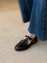 牛革製 フランス風 レトロ ローファー【平底・黒・ラウンドトゥ】