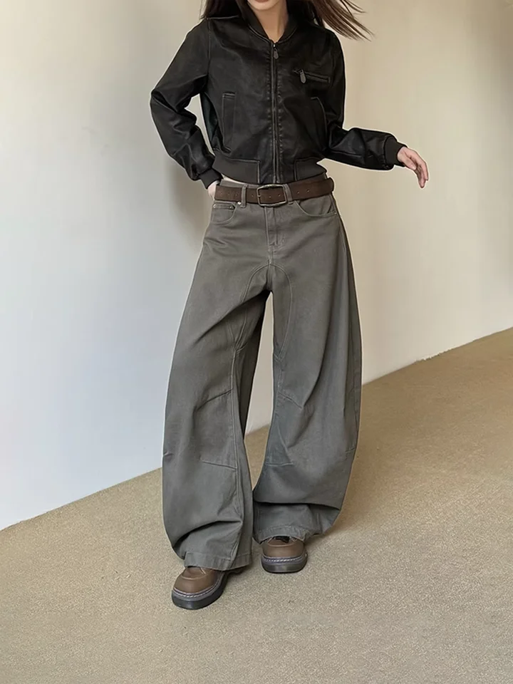ユニセックス ワイドレッグデニムパンツ【レトロデザイン・ルーズフィット・スリット入り】