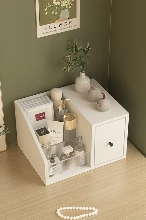 鏡付き多段コスメ収納ボックス【化粧品・スキンケア・メイクアップ台・引き出しキャビネット】