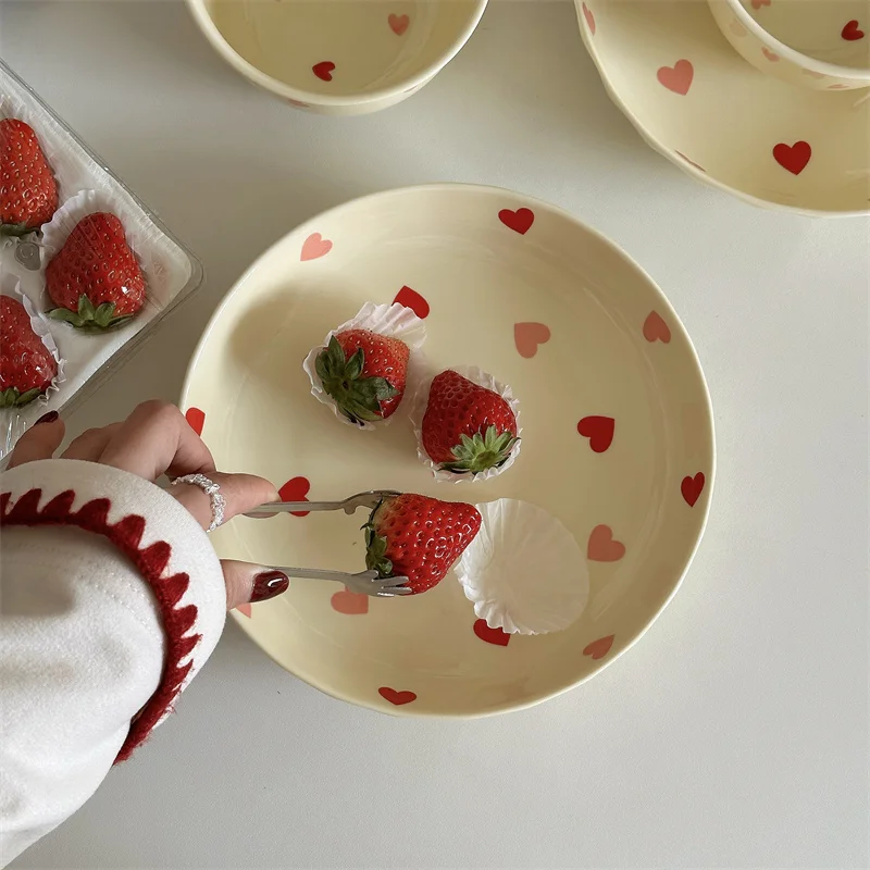 プレート ご飯ボウル 一人用用 陶器 手描き 赤色 小さなハート