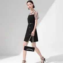 愛らしいハートデザインのウエストベルト付きメッシュ切り替えワンピース【ブラック・夏用・女性用】