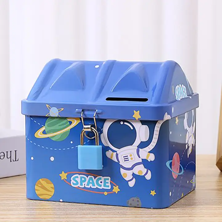 宇宙飛行士デザインの貯金箱【キッズ用・アニメスタイル・鉄製ロック付き】
