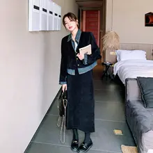 黒デニムとコーデュロイのコンビネーションスカート【春秋用・ハイエンドデザイン・タイトシルエット】（セットアップ対応）
