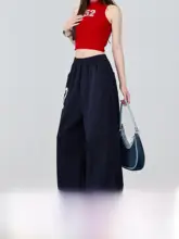 アメ リカンストリート風 ロゴプリント ハイウエストカジュアルパンツ【ダンス用・秋季・ルーズフィット・ワイドレッグ】（セットアップ対応）