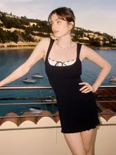 AZURIERA フレンチスタイル 背心付きミニスカート【ダークブルー・テンセルコットンミックス・ウエスト絞り】