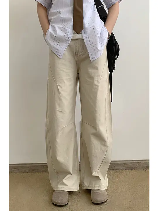 デニムパンツ ユニセックス コットン アメリカン風 ワークウェア風 立体裁断 カーブド ワイドシルエット カジュアル 春夏 トレンド