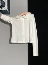 フリル付き白長袖Tシャツとニットカーディガン【シングルボタン・スリムフィット・秋用】（セットアップ対応）
