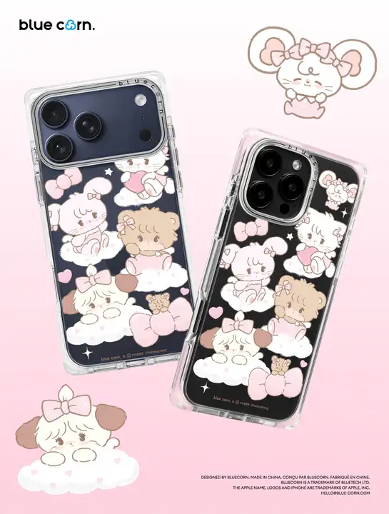 青いトウモロコシデザインのマグセーフ対応 iPhone用耐衝撃スマホケース【ミラー仕上げ・雲のデザイン】