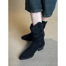 レトロデザインの尖ったつま先のショートブーツ【折り畳みスタイル・粗いヒール・女性用・秋冬用】