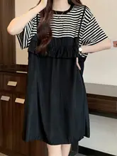 ストライプ柄 半袖 サス付ワンピース【夏用・フィット・大きいサイズ・体型  カバー・エレガント】（セットアップ対応）