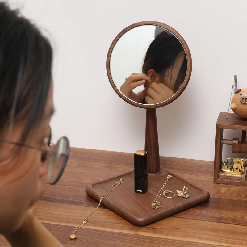 ブラックウォールナット製化粧鏡：台式収納付きプリンセススタイルの実用性とデザイン