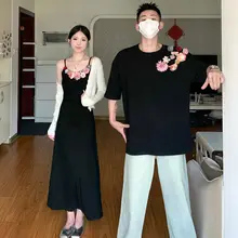 デザイン性の高いカップル用夏用Tシャツとワンピース【短袖・フレンチスタイル】（セットアップ対応）