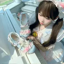 草莓柄リボン付きロリィタシューズ【低ヒール・可愛いデザイン】