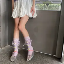 レース花柄中筒ソックス【薄紫・ロリータ風・JKスタイル・透け感あり】