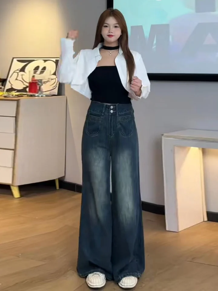 大きいサイズ キャジュアル ワイドレングスデニムパンツ【ハイウエスト・ポケット付き・梨型体型にフィット】