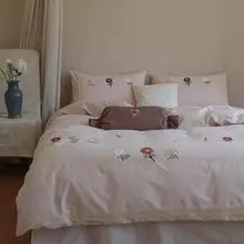 可愛いデザインの全棉磨毛ベッドリネン【刺繍入り・フリル付き・クイーンサイズ】（セットアップ対応 ）