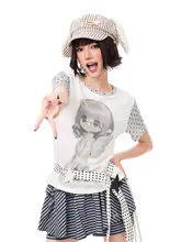 カジュアルなカートゥーンプリントのドット柄ショートスリーブTシャツ【パフスリーブ・ルーズフィット・Y2Kスタイル】