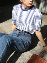 夏用 ゆったりデザイン カジュアルストライプTシャツ【プリンセススリーブ・ラウンドネック】