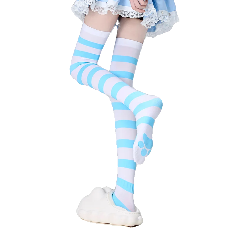 天鵞絨ブルー＆ホワイトストライプ猫爪オーバーニーソックス【二次元・コスプレ用・白色】