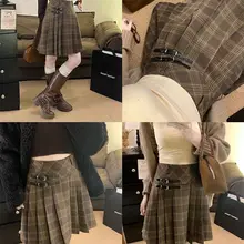 チェック柄プリーツスカート【Aライン・レトロ・大きいサイズ・ミドル丈】