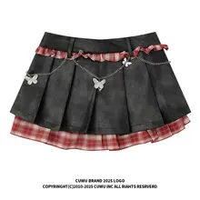 カフェ色PUレザー切り替えチェック柄ハイウエストAラインプリーツスカート【秋用・女性用・スタイリッ  シュ】