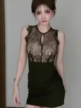 エレガントなレースパッチワークのノースリーブドレス【セクシー・ハイウエスト・  タイトフィット・ミニスカート】