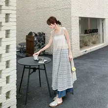 レースタンクトップワンピースとデニムワイドパンツ【女性用・夏・エレガントなデザイン】（セットアップ対応）