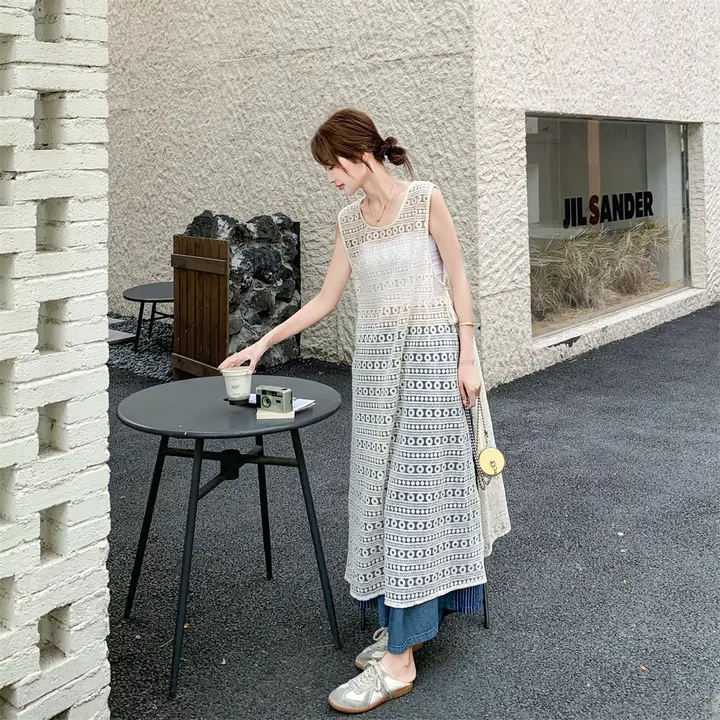 レースタンクトップワンピースとデニムワイドパンツ【女性用・夏・エレガントなデザイン】（セットアップ対応）