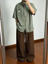 レトロなアカデミックスタイルのグリーンストライプ半袖シャツ【シンプル・ルーズフィット・ネクタイ付き  】