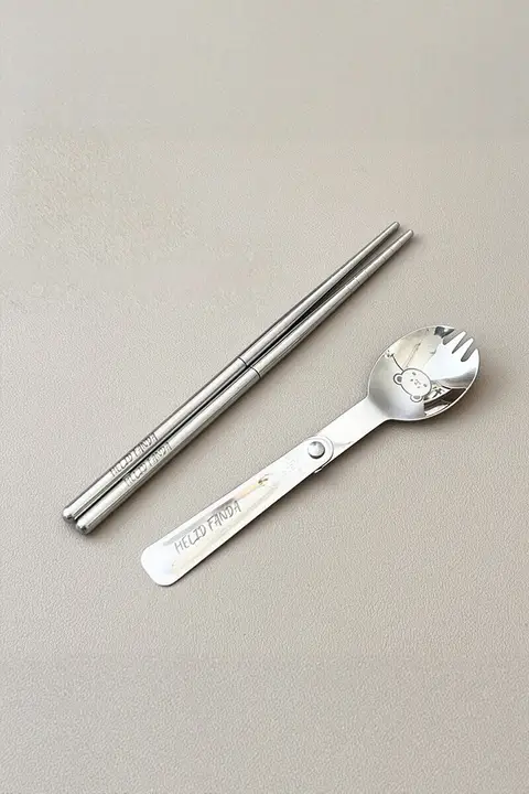 創意折りたたみスプーン ステンレス製のアウトドア用食器セット【フォーク・一体型箸付き・携帯便利】（セットアップ対応）