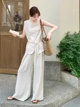 洗練された通勤スタイル！白色ノースリーブトップスとワイドパンツ【高級感・エレガント】（セットアップ対応）
