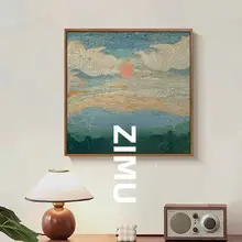 手描きの南洋風アート油絵【日出シーン・モダンデザイン】