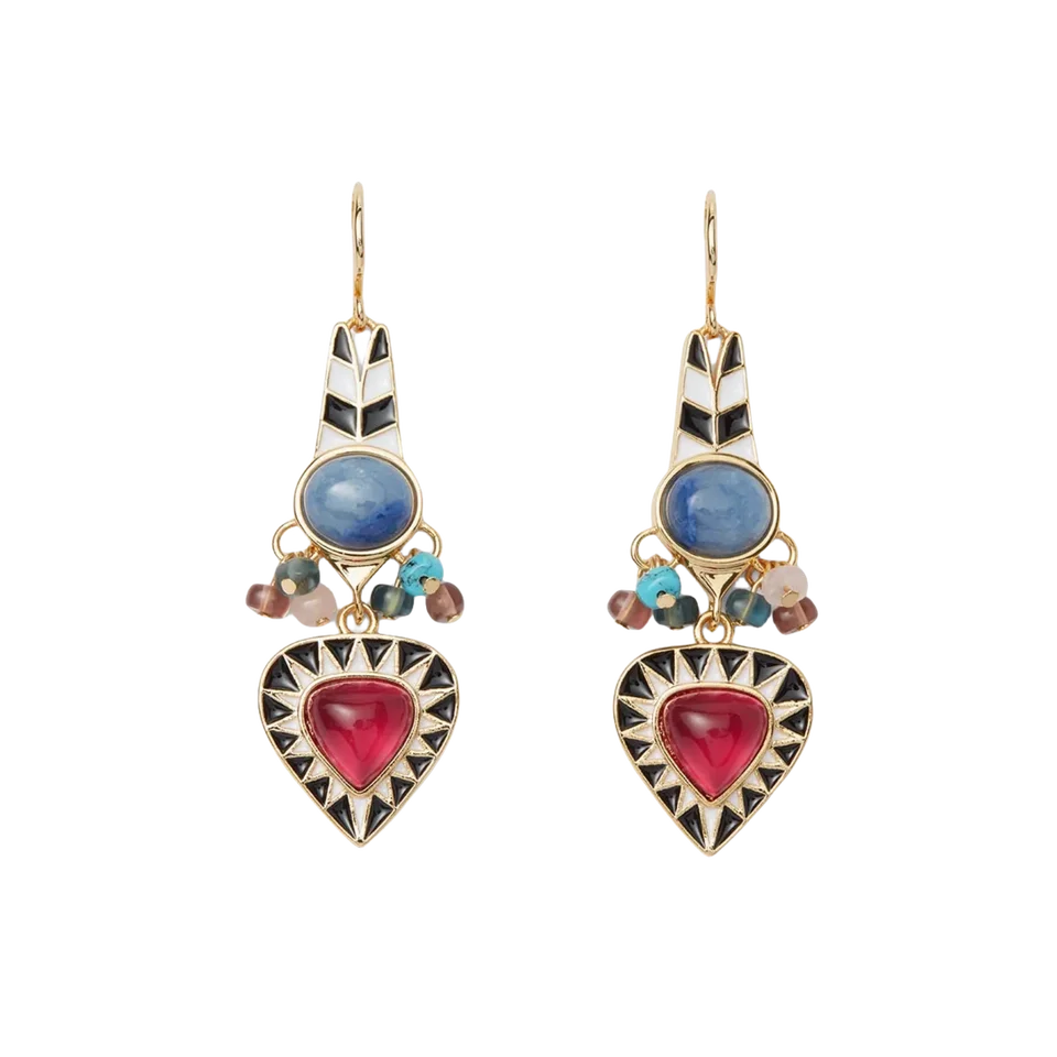 KS レディース エジプトシリーズ ブラックホワイトハート型 天然石ビーズピアス