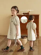 泡泡袖付きワンピース【子供用・刺繍デザイン・夏用・レトロスタイル】