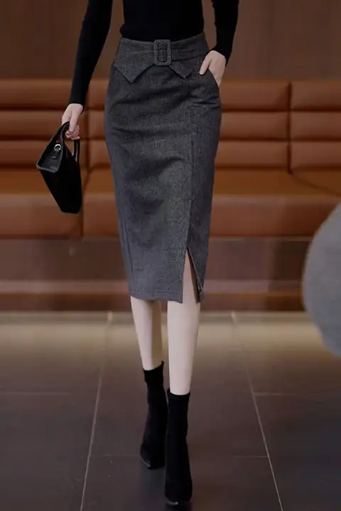 秋冬用ハイウエストウールスカート【体型カバー・中丈・Aライン】