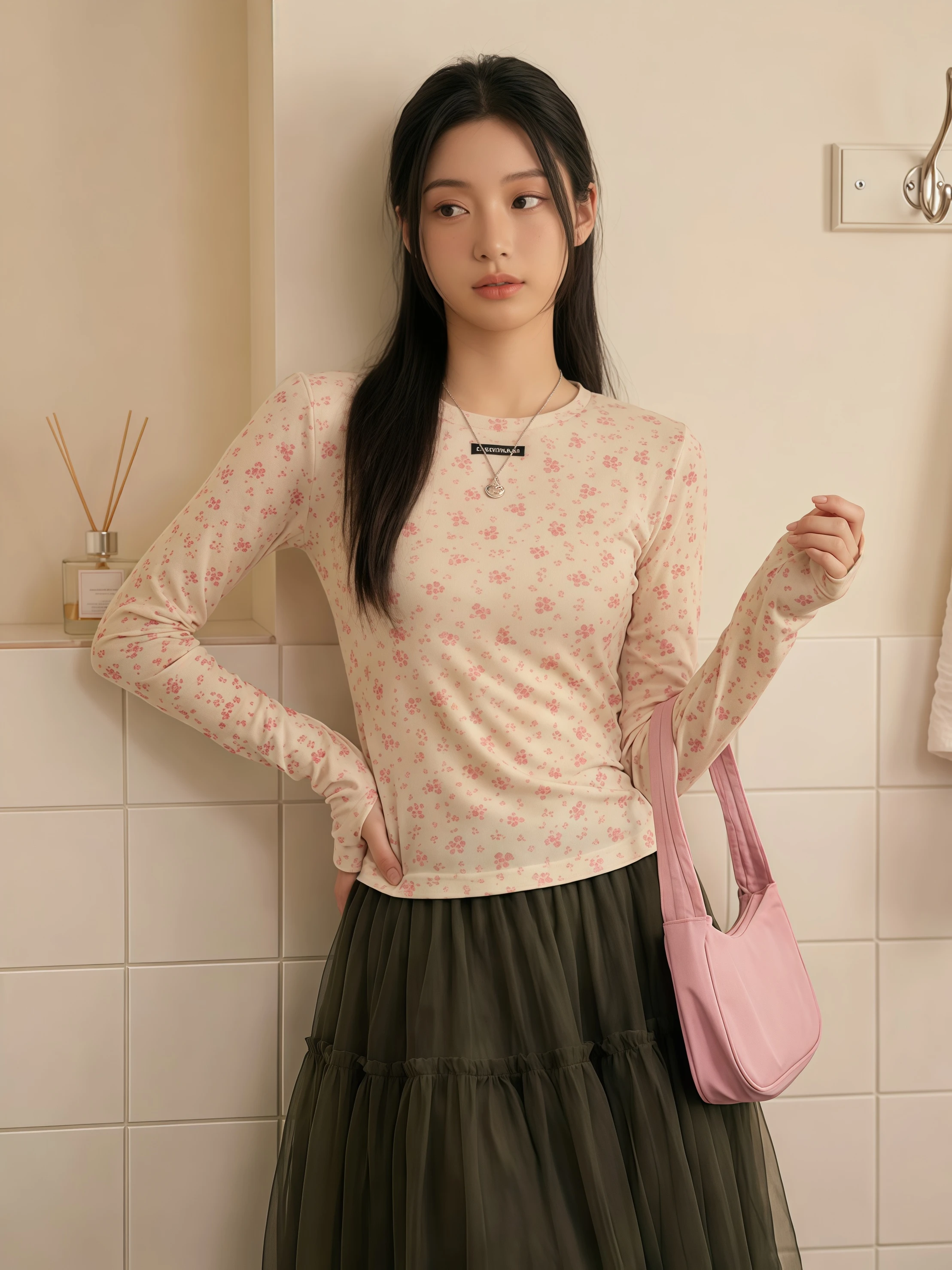 花柄ラウンドネック長袖インナーシャツ【春用・高級感・タンクトップ付き】（セットアップ対応）