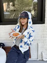 秋季カジュアルスタイル！星柄フーディーコート【毛圈素材・女性用・レトロデザイン】