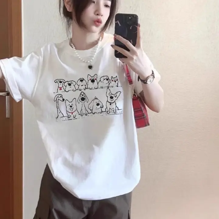 コットン製 ホワイト短袖Tシャツ【夏用・ゆったりシルエット・カジュアルデザイン】
